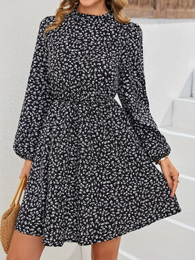 ZARA Trendy Floral Print Mock Neck Long Sleeve A Line Dress